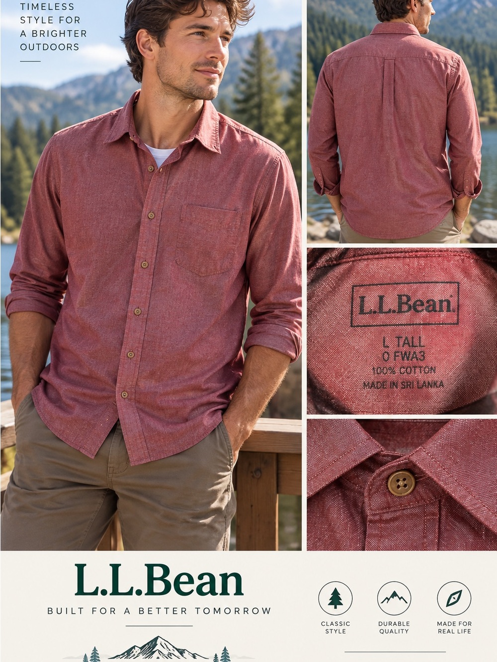 L.L. Bean Men's Long-Sleeve Heathered Brick Red Button-Down Shirt